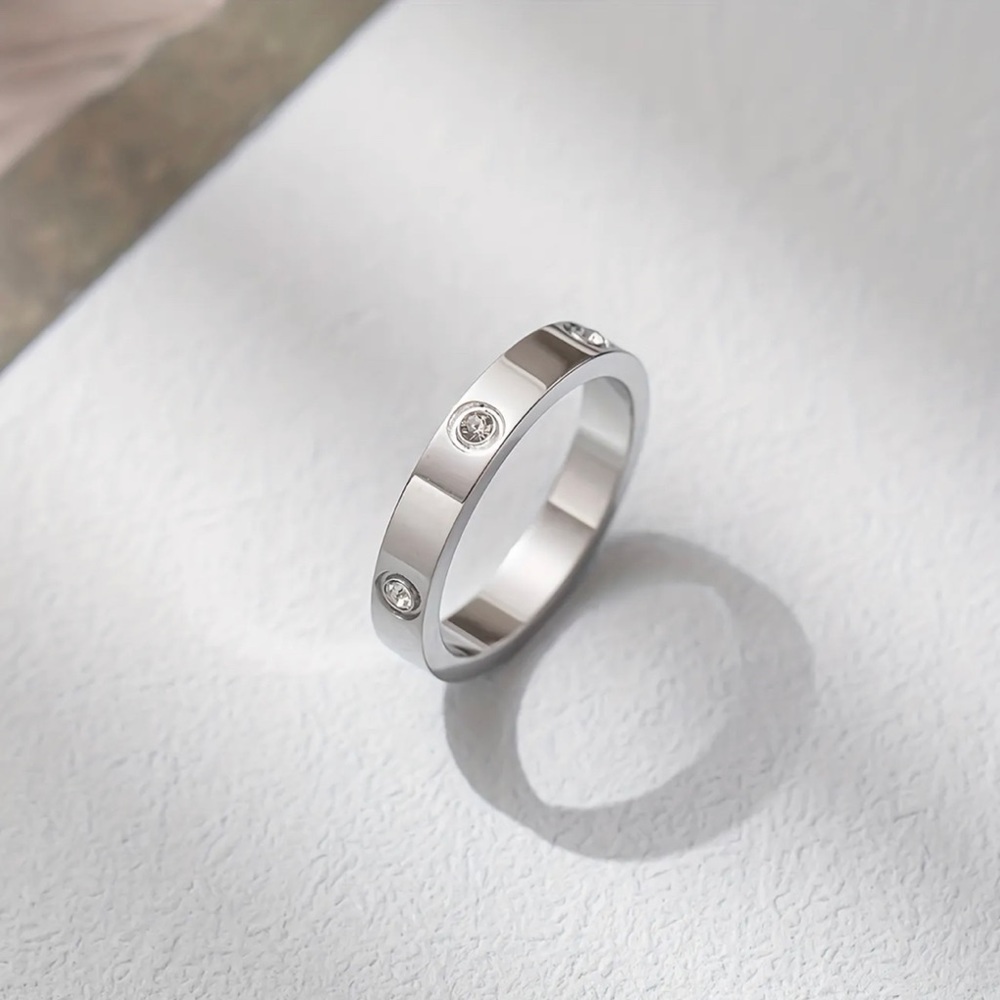 🆕 Rhinestone Zirconia Stainless Steel Silver Color Ring